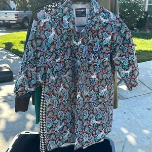 Vtg Wrangler Cowboy Cut Regular Fit 17 X-Long Tails Shirt Abstract Paisley